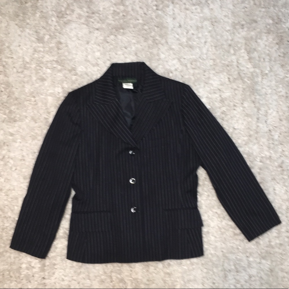 Women’s black striped suit with matching pants